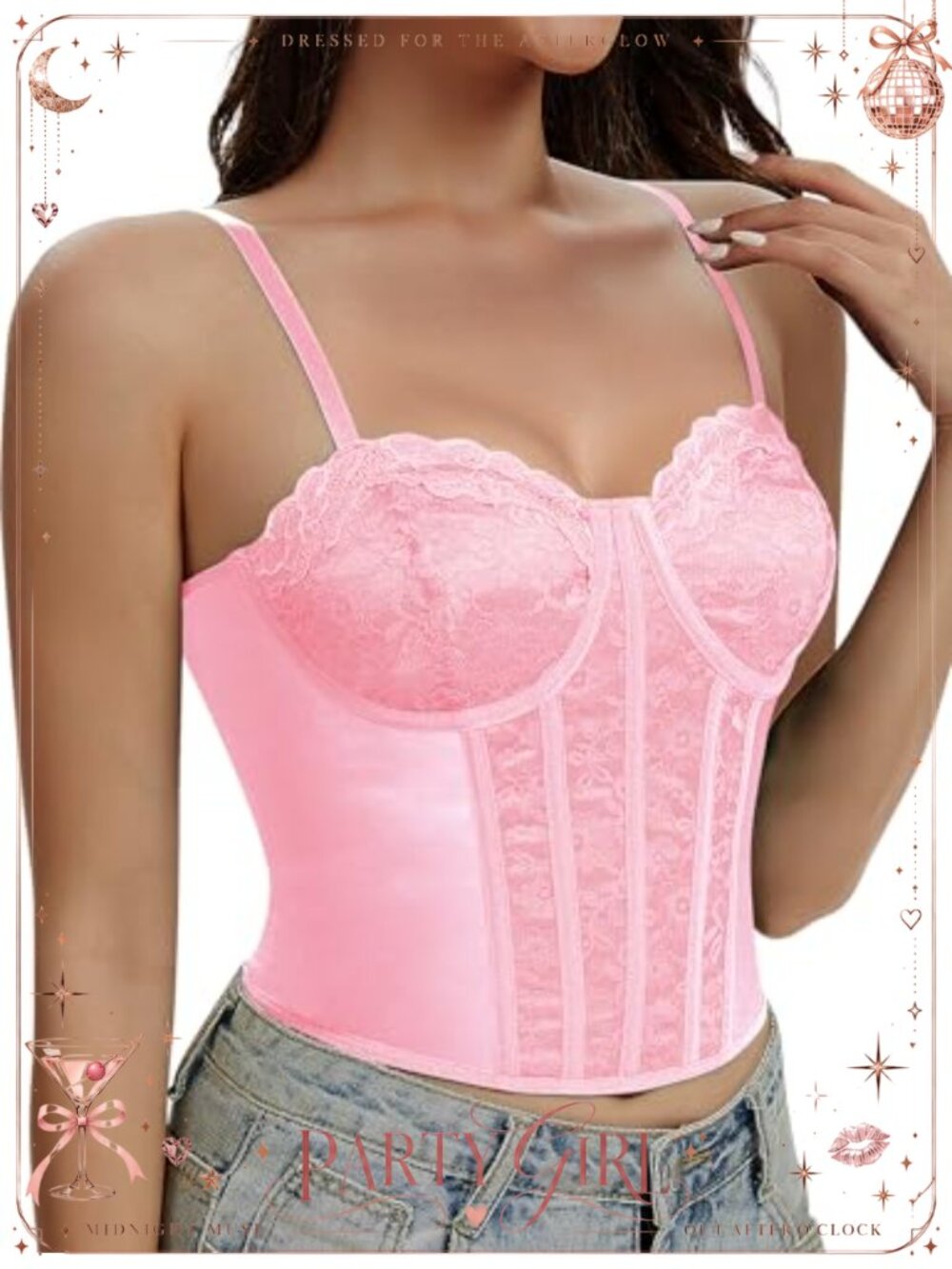 Lace Trim Corset Top Bustier Adjustable Straps Back Hooks